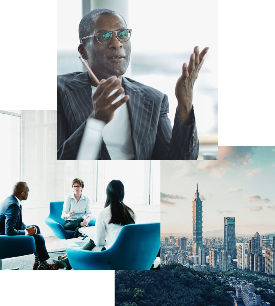 Triad of images, black man smiling, three people sitting in chairs having a business meeting and city scape of Taiwan