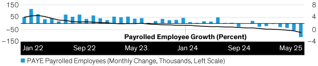 Bar and line graph with months from Jan 22 to May 25 on the X-axis and PAYE employee growth on the Y-axis.