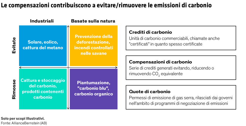 Grafico su come le compensazioni riducono le emissioni di carbonio, con esempi industriali e naturali.
