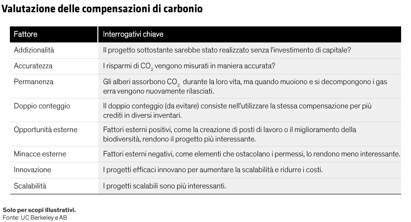 Tabella che elenca fattori chiave e domande per valutare le compensazioni di carbonio, in italiano.