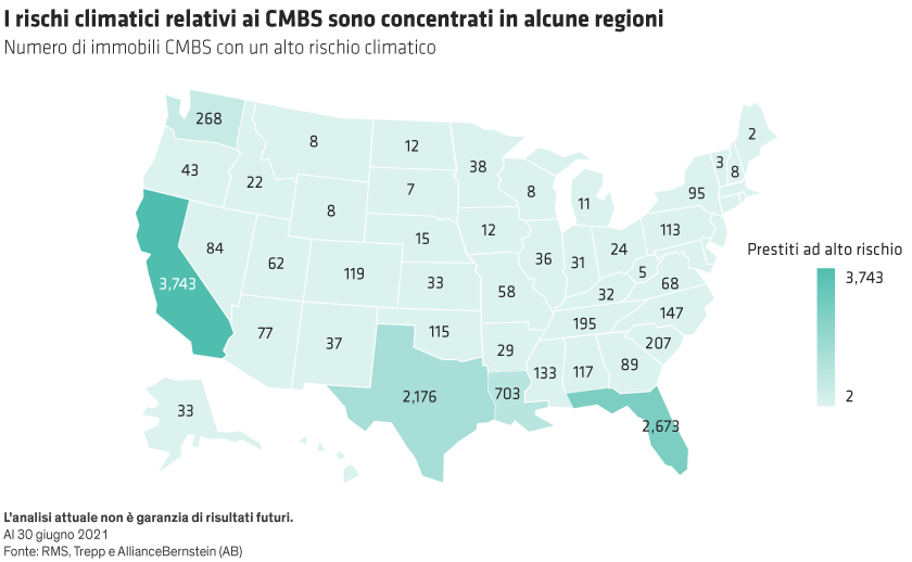 Map of the US showing the number of high climate risk CMBS properties by state, with numbers in each state.