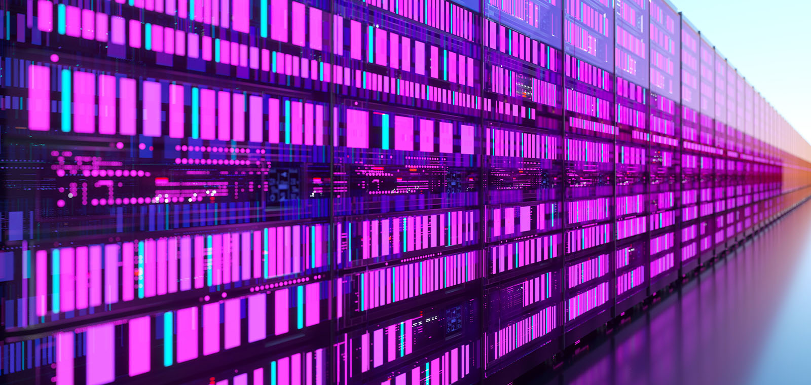 Glowing bright pinkish panels light up a long server room. 