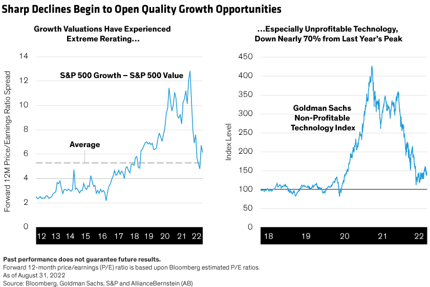 Left display shows a line chart of the S&P 500 Growth Index vs the S&P 500 Value Index since 2012. Right chart shows the sharp drop of unprofitable technology company share prices since 2018.